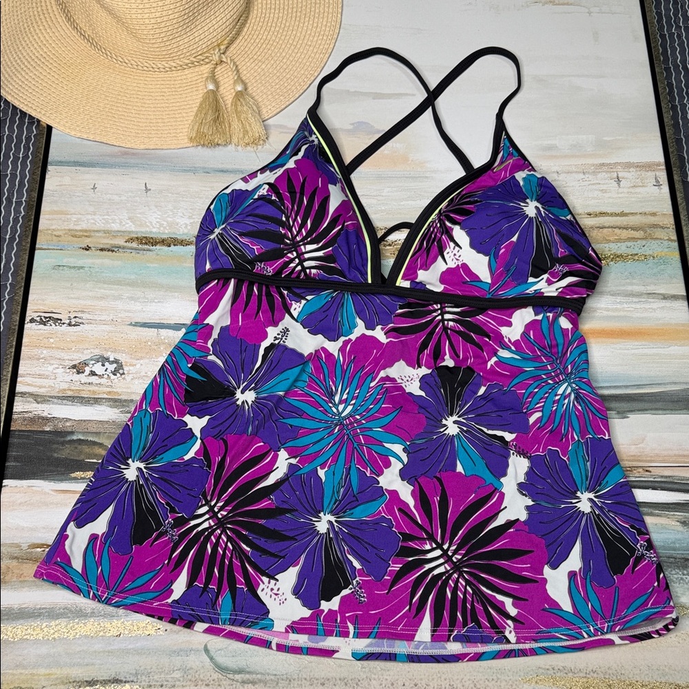 Nike Purple and Blue Floral Tankini Swimsuit Top